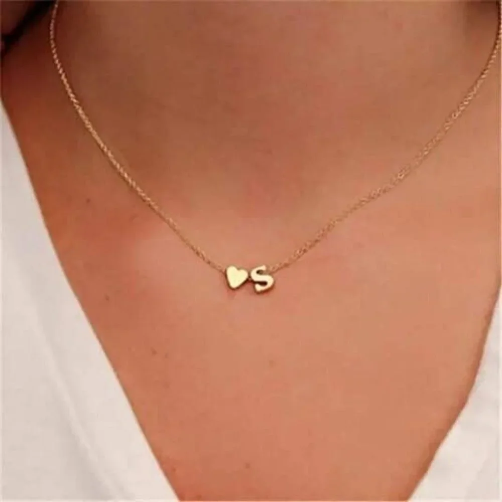 Heart Necklace 18K Gold Plated Stainless Steel Tiny Heart Letter Necklace